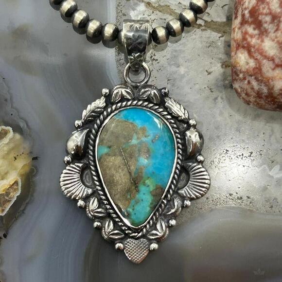 Sterling Silver Southwestern Style Teardrop Turquoise Pendant For Women #9 - Picture 1 of 10
